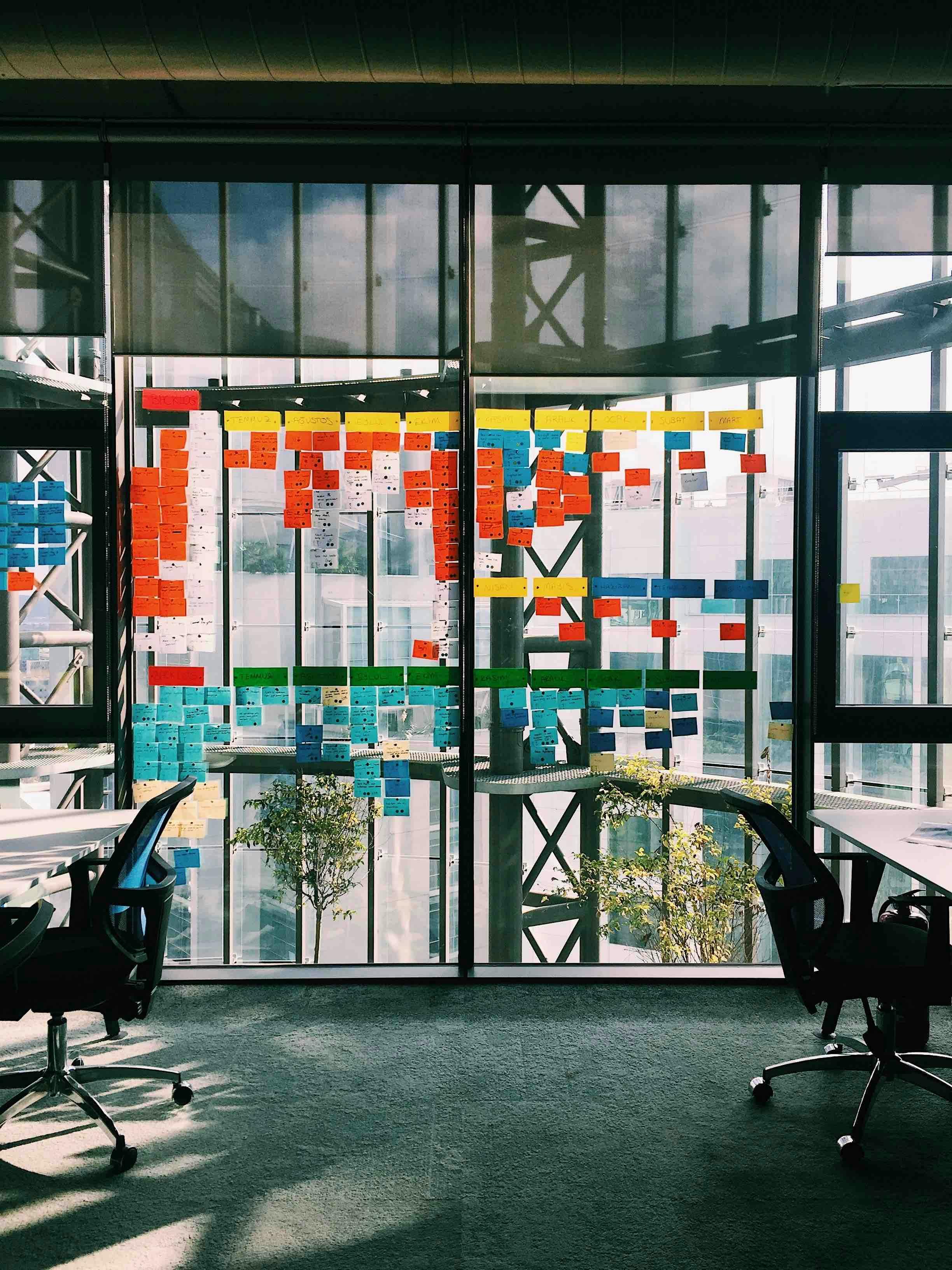 A glass wall with stickers used for story estimates